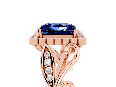 Rose gold Princess Cut Blue Sapphire Halo Ring with Vintage Split Shank and Four-Prong Setting_5