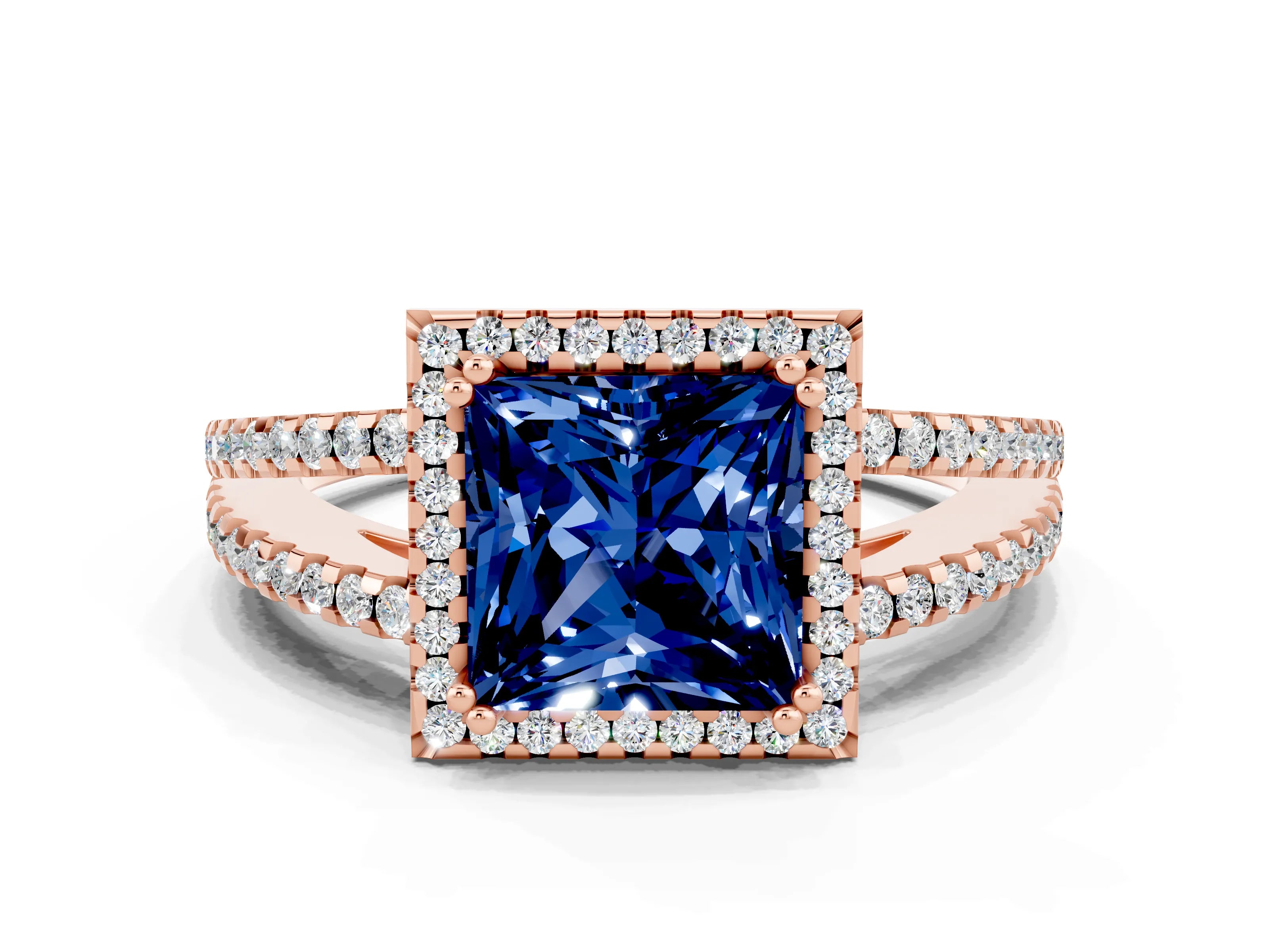 Rose gold Princess Cut Blue Sapphire Halo Split Shank Engagement Ring_12