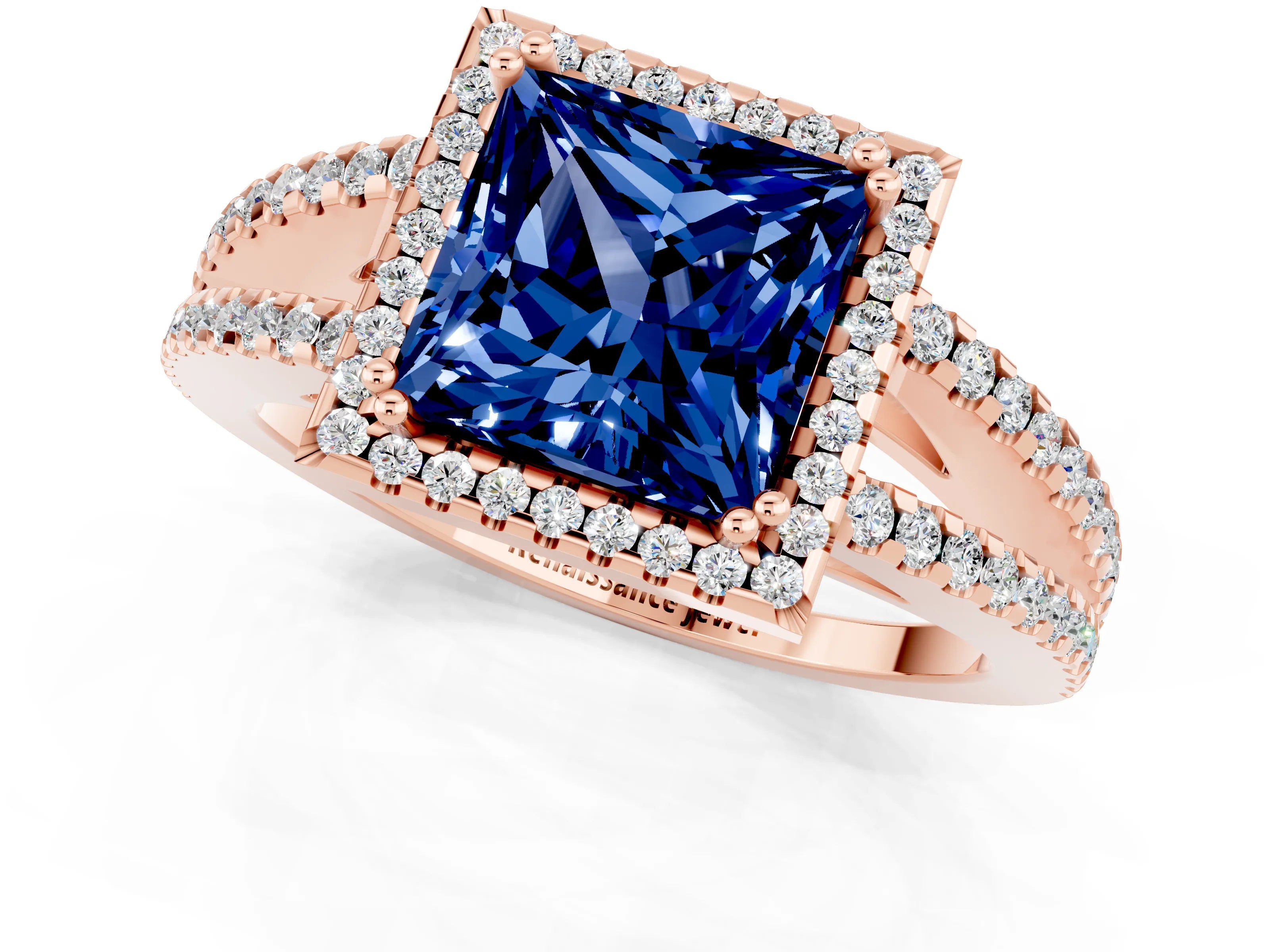 Rose gold Princess Cut Blue Sapphire Halo Split Shank Engagement Ring_13