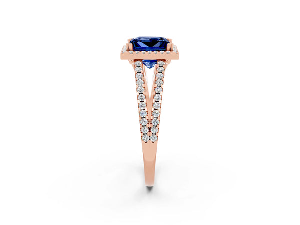 Rose gold Princess Cut Blue Sapphire Halo Split Shank Engagement Ring