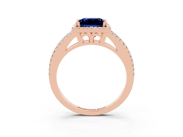 Rose gold Princess Cut Blue Sapphire Halo Split Shank Engagement Ring