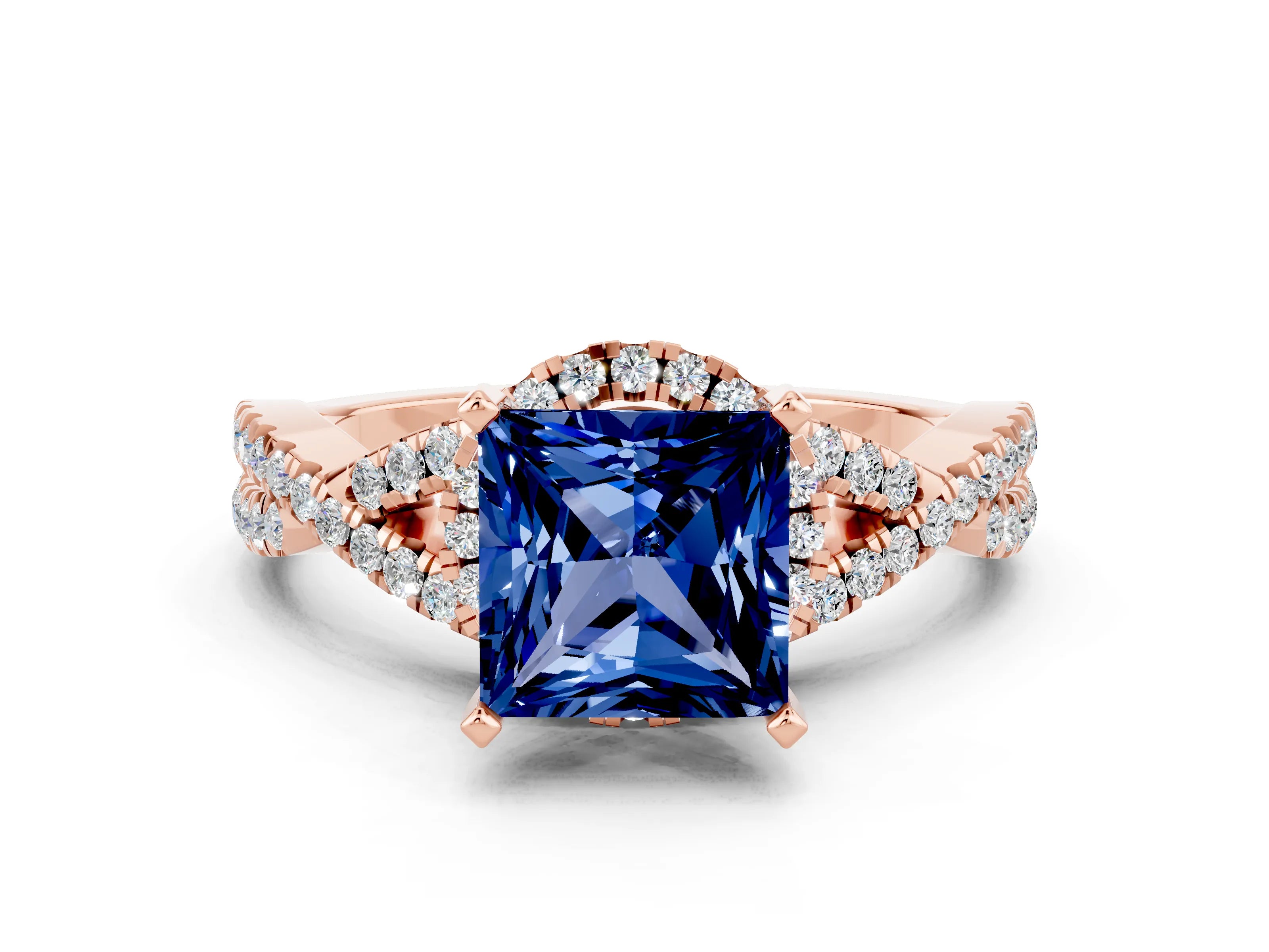 Rose gold Princess Cut Blue Sapphire Halo Twist Band Solitaire Prong Setting Ring