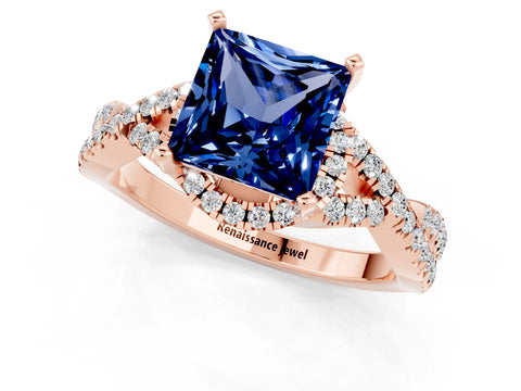 Rose gold Princess Cut Blue Sapphire Halo Twist Band Solitaire Prong Setting Ring_1