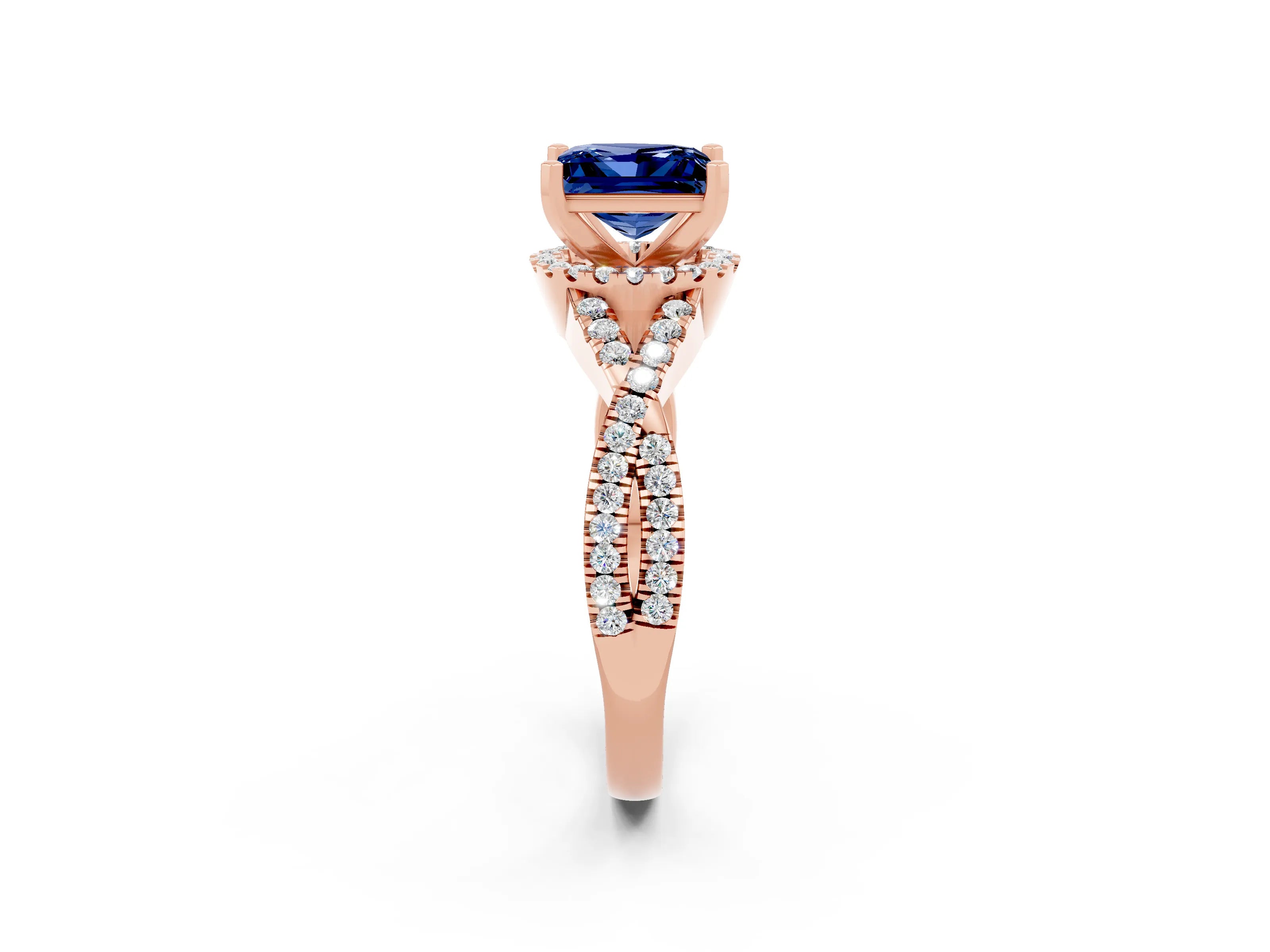Rose gold Princess Cut Blue Sapphire Halo Twist Band Solitaire Prong Setting Ring_2