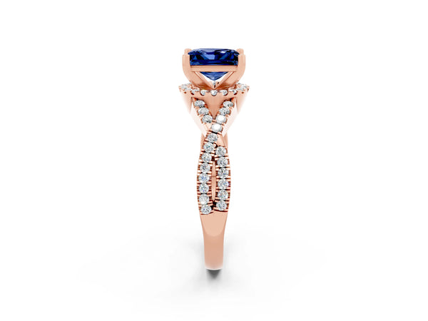 Rose gold Princess Cut Blue Sapphire  Halo Twist Band Solitaire Prong Setting Ring