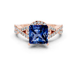 Rose gold Princess Cut Blue Sapphire  Halo Twist Band Solitaire Prong Setting Ring_24