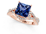 Rose gold Princess Cut Blue Sapphire  Halo Twist Band Solitaire Prong Setting Ring_25
