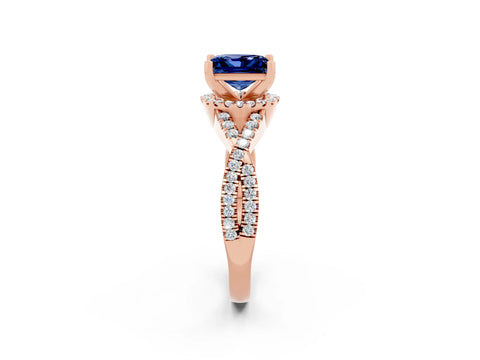 Rose gold Princess Cut Blue Sapphire Halo Twist Band Solitaire Prong Setting Ring_2