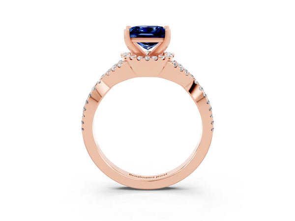 Rose gold Princess Cut Blue Sapphire  Halo Twist Band Solitaire Prong Setting Ring