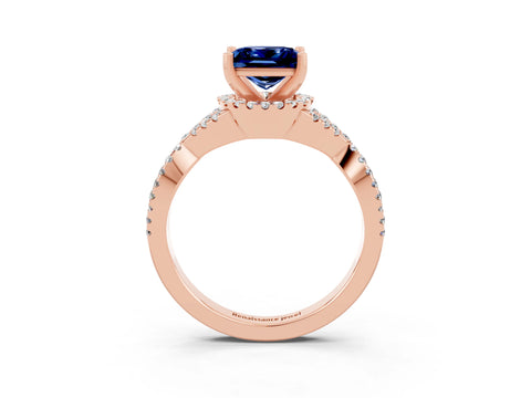 Rose gold Princess Cut Blue Sapphire Halo Twist Band Solitaire Prong Setting Ring_3