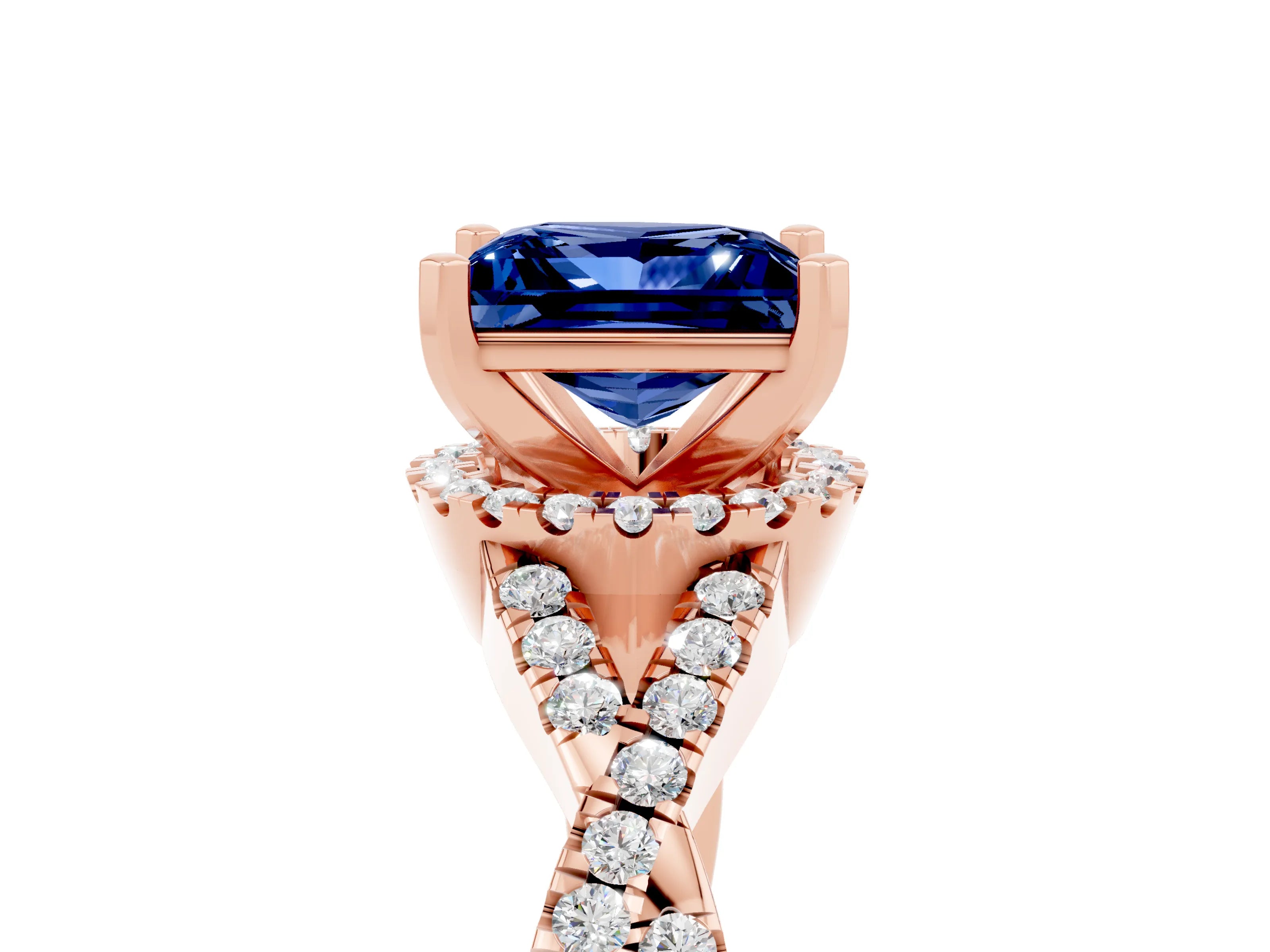 Rose gold Princess Cut Blue Sapphire Halo Twist Band Solitaire Prong Setting Ring_5