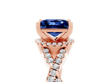 Rose gold Princess Cut Blue Sapphire Halo Twist Band Solitaire Prong Setting Ring_5