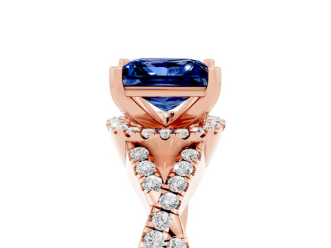 Rose gold Princess Cut Blue Sapphire Halo Twist Band Solitaire Prong Setting Ring_5