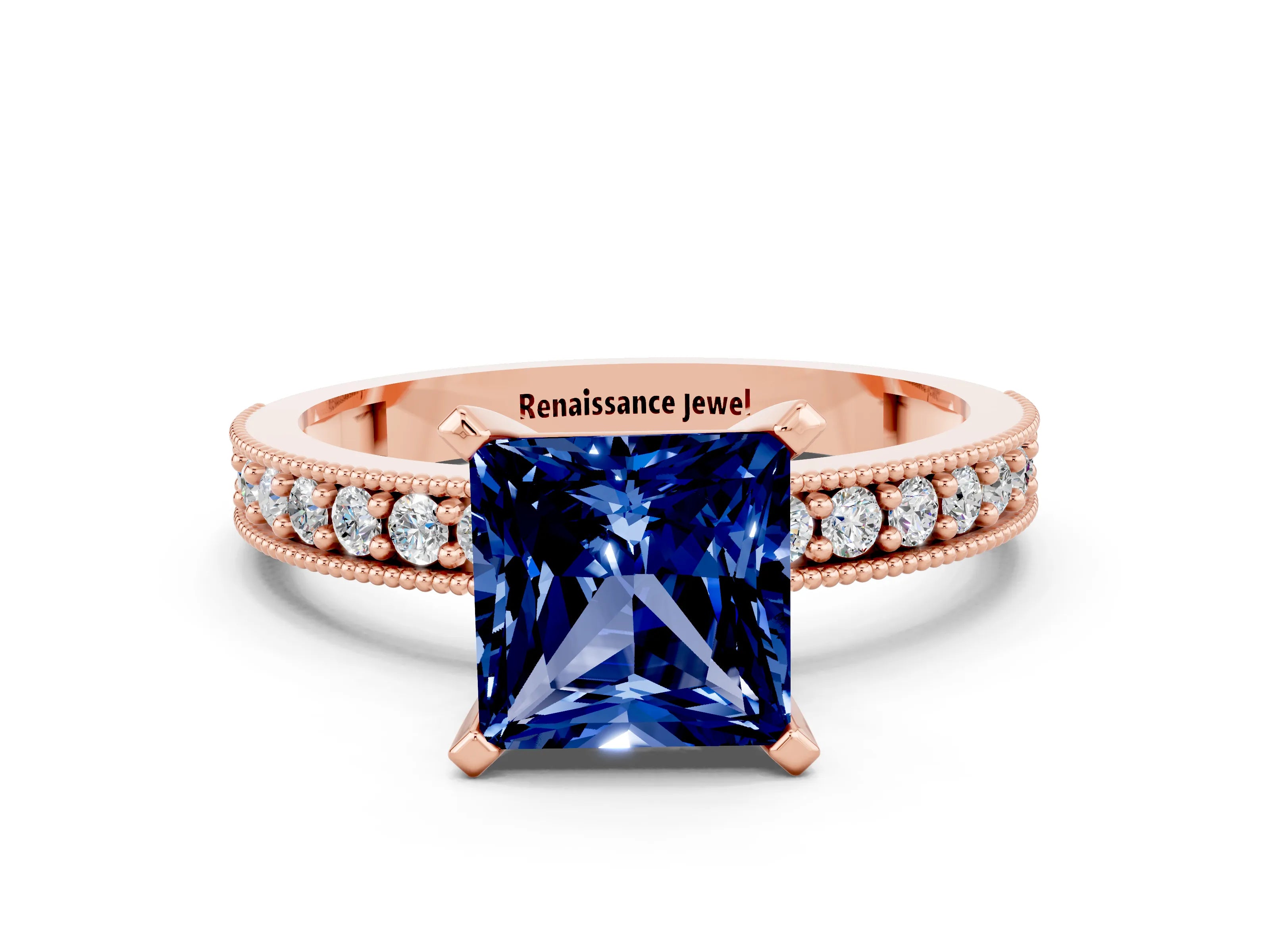 Rose gold Princess Cut Blue Sapphire Milgrain Pavé Engagement Ring with Four-Prong Setting_12