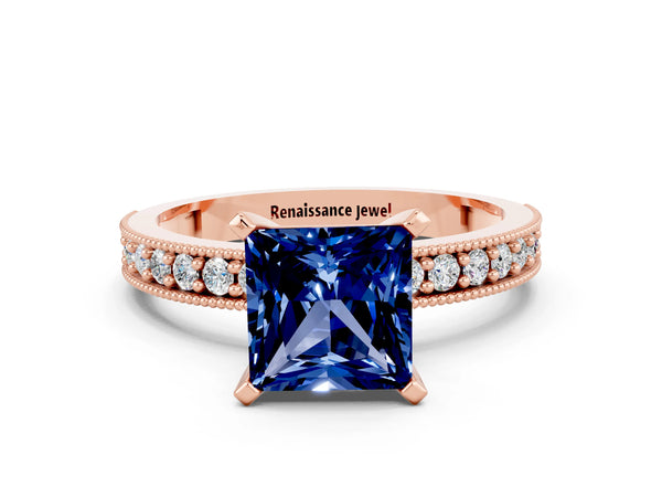 Rose gold Princess Cut Blue Sapphire Milgrain Pavé Engagement Ring with Four-Prong Setting