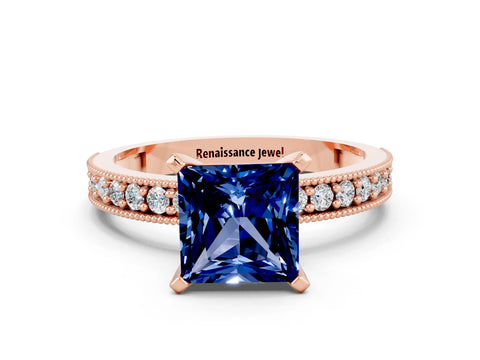 Rose gold Princess Cut Blue Sapphire Milgrain Pavé Engagement Ring with Four-Prong Setting_12