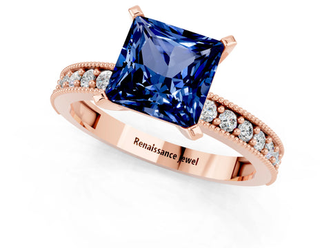 Rose gold Princess Cut Blue Sapphire Milgrain Pavé Engagement Ring with Four-Prong Setting_13