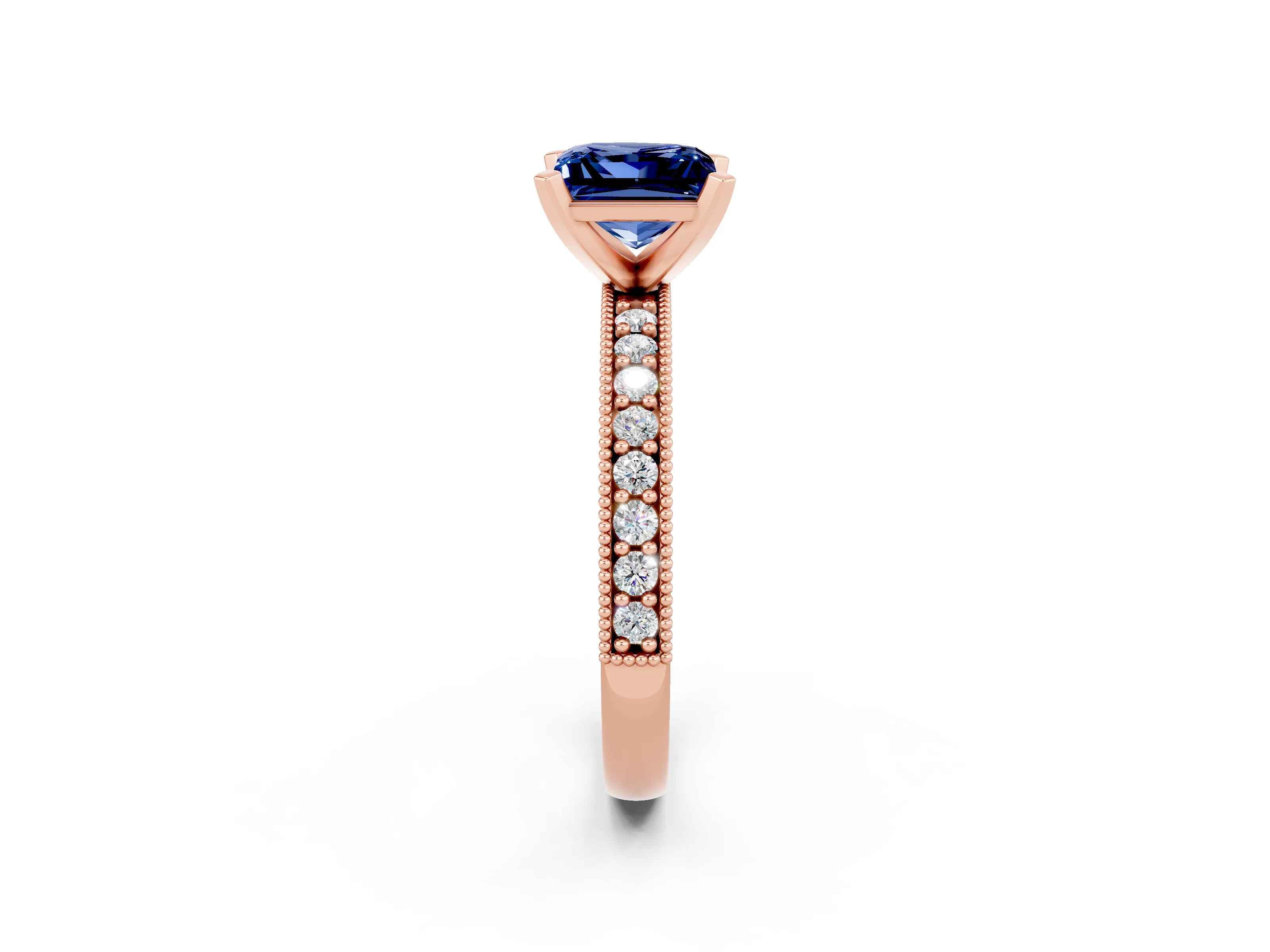 Rose gold Princess Cut Blue Sapphire Milgrain Pavé Engagement Ring with Four-Prong Setting_14