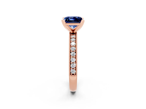 Rose gold Princess Cut Blue Sapphire Milgrain Pavé Engagement Ring with Four-Prong Setting