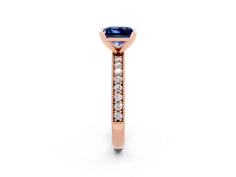 Rose gold Princess Cut Blue Sapphire Milgrain Pavé Engagement Ring with Four-Prong Setting_14