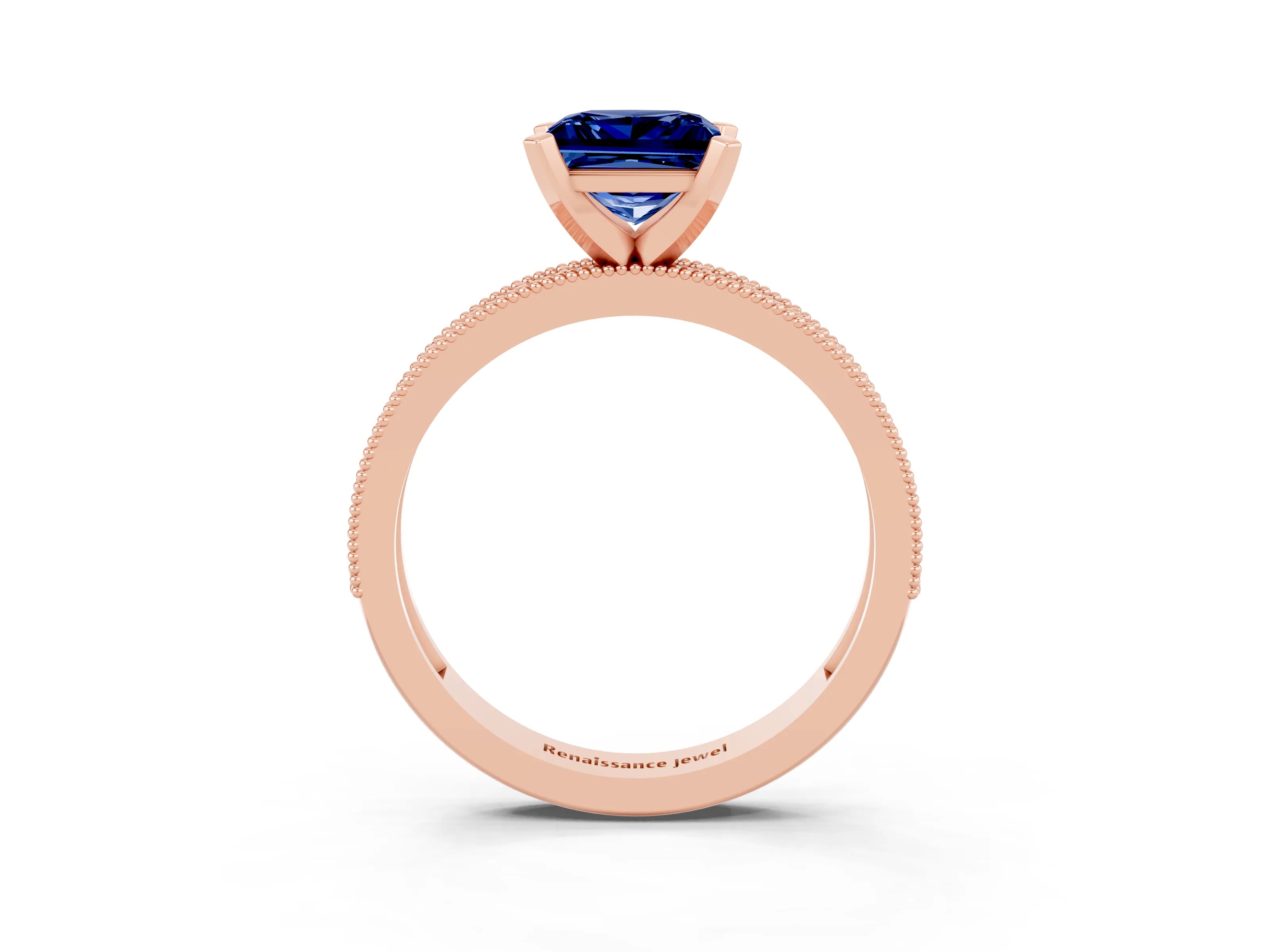 Rose gold Princess Cut Blue Sapphire Milgrain Pavé Engagement Ring with Four-Prong Setting_15