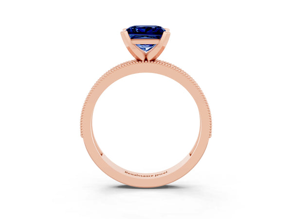 Rose gold Princess Cut Blue Sapphire Milgrain Pavé Engagement Ring with Four-Prong Setting