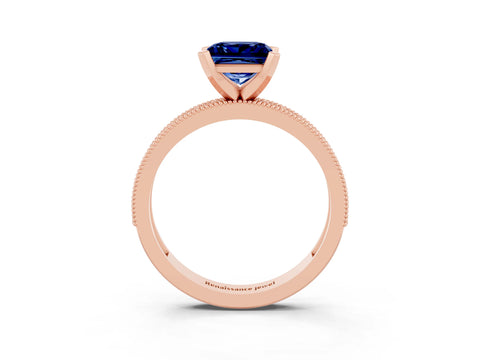 Rose gold Princess Cut Blue Sapphire Milgrain Pavé Engagement Ring with Four-Prong Setting_15