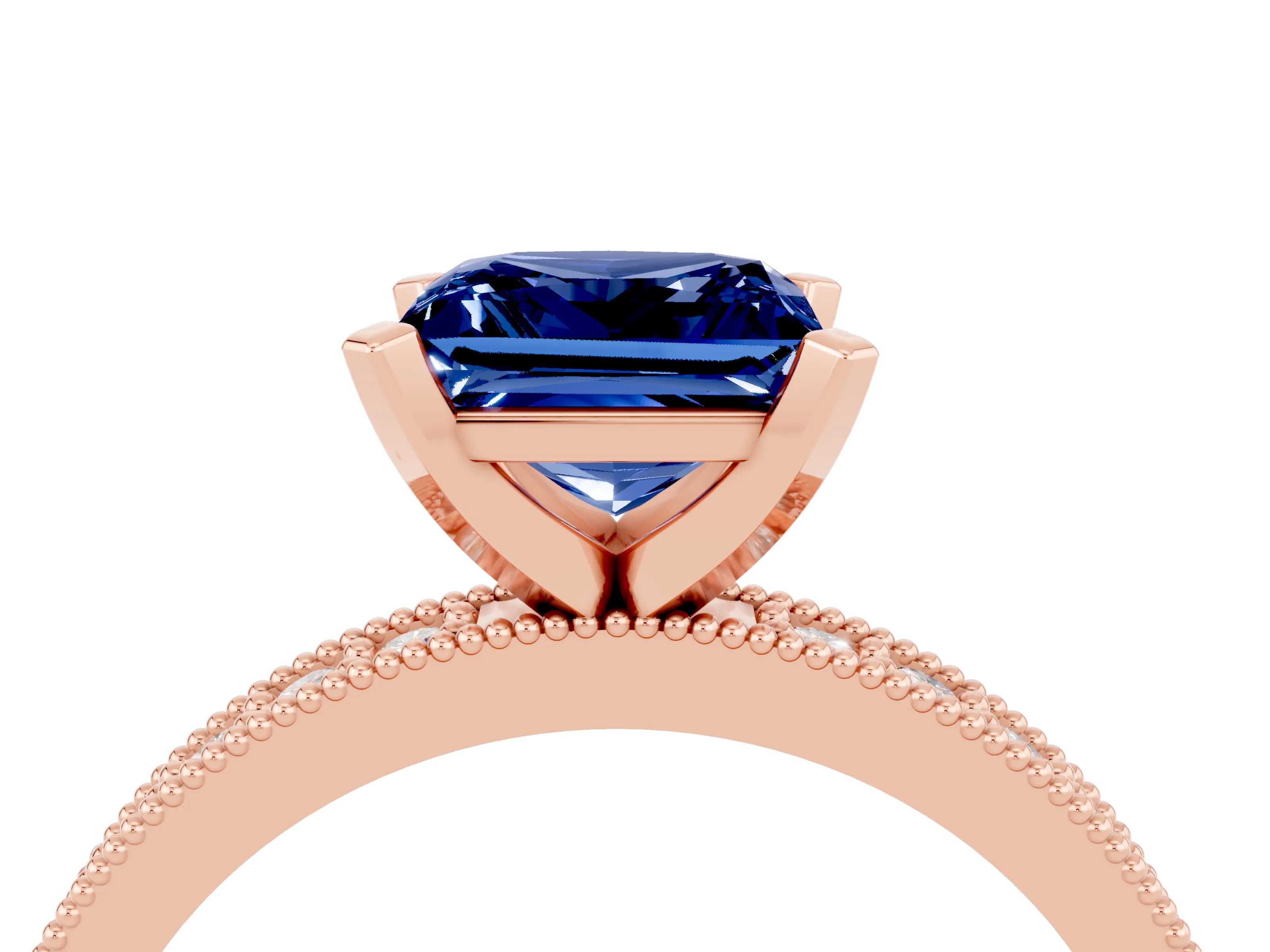 Rose gold Princess Cut Blue Sapphire Milgrain Pavé Engagement Ring with Four-Prong Setting_16