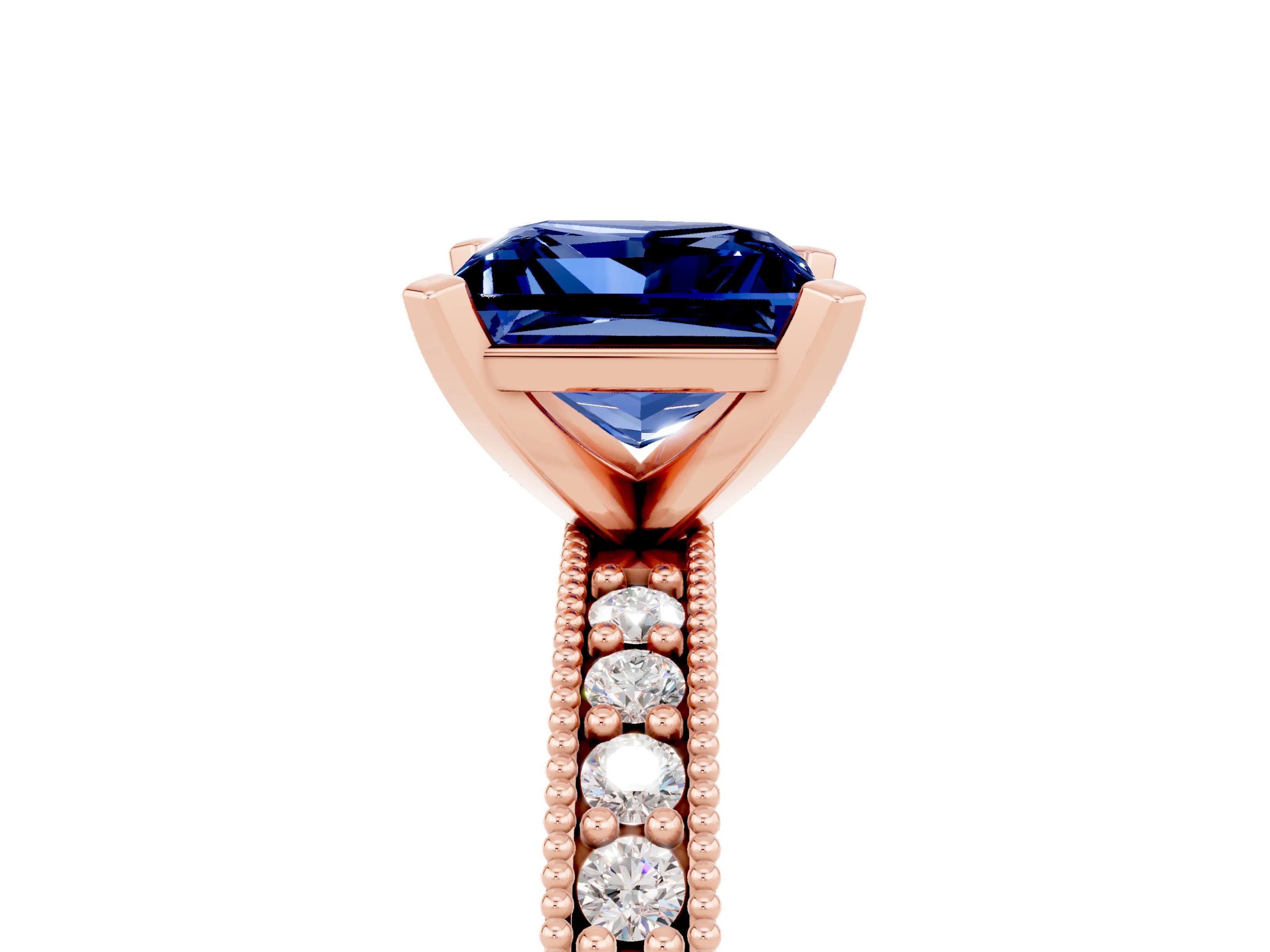 Rose gold Princess Cut Blue Sapphire Milgrain Pavé Engagement Ring with Four-Prong Setting_17