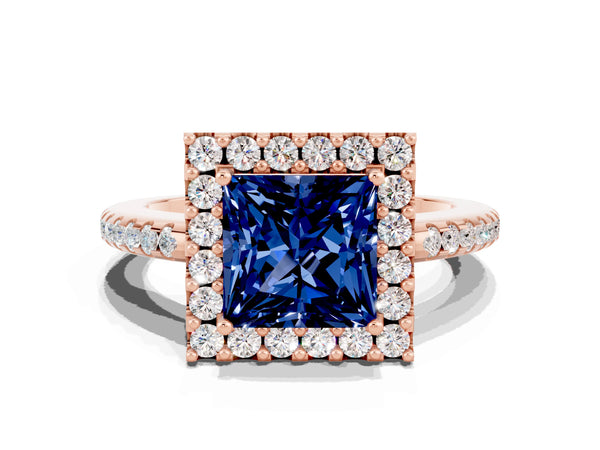 Rose gold Princess Cut Blue Sapphire Pavé Halo Ring with Four-Prong Setting