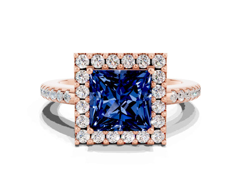 Rose gold Princess Cut Blue Sapphire Pavé Halo Ring with Four-Prong Setting_12