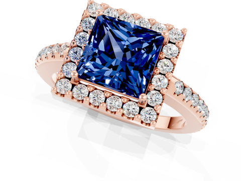 Rose gold Princess Cut Blue Sapphire Pavé Halo Ring with Four-Prong Setting_13