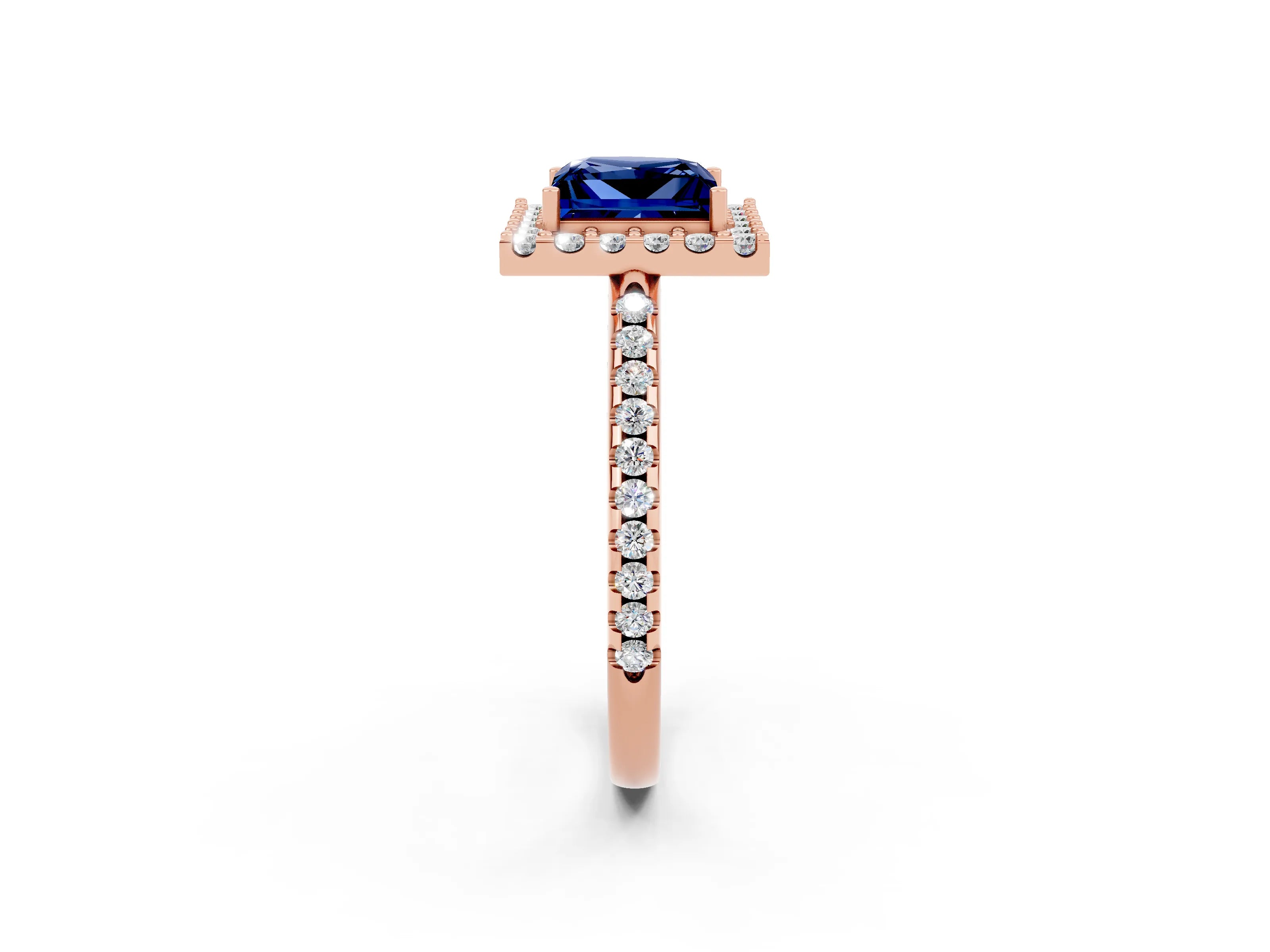 Rose gold Princess Cut Blue Sapphire Pavé Halo Ring with Four-Prong Setting_14
