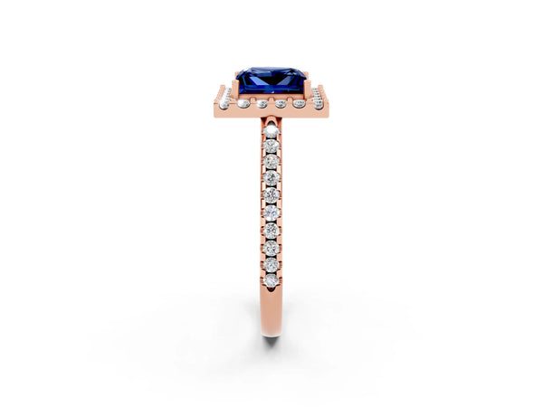 Rose gold Princess Cut Blue Sapphire Pavé Halo Ring with Four-Prong Setting