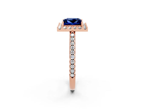 Rose gold Princess Cut Blue Sapphire Pavé Halo Ring with Four-Prong Setting_14