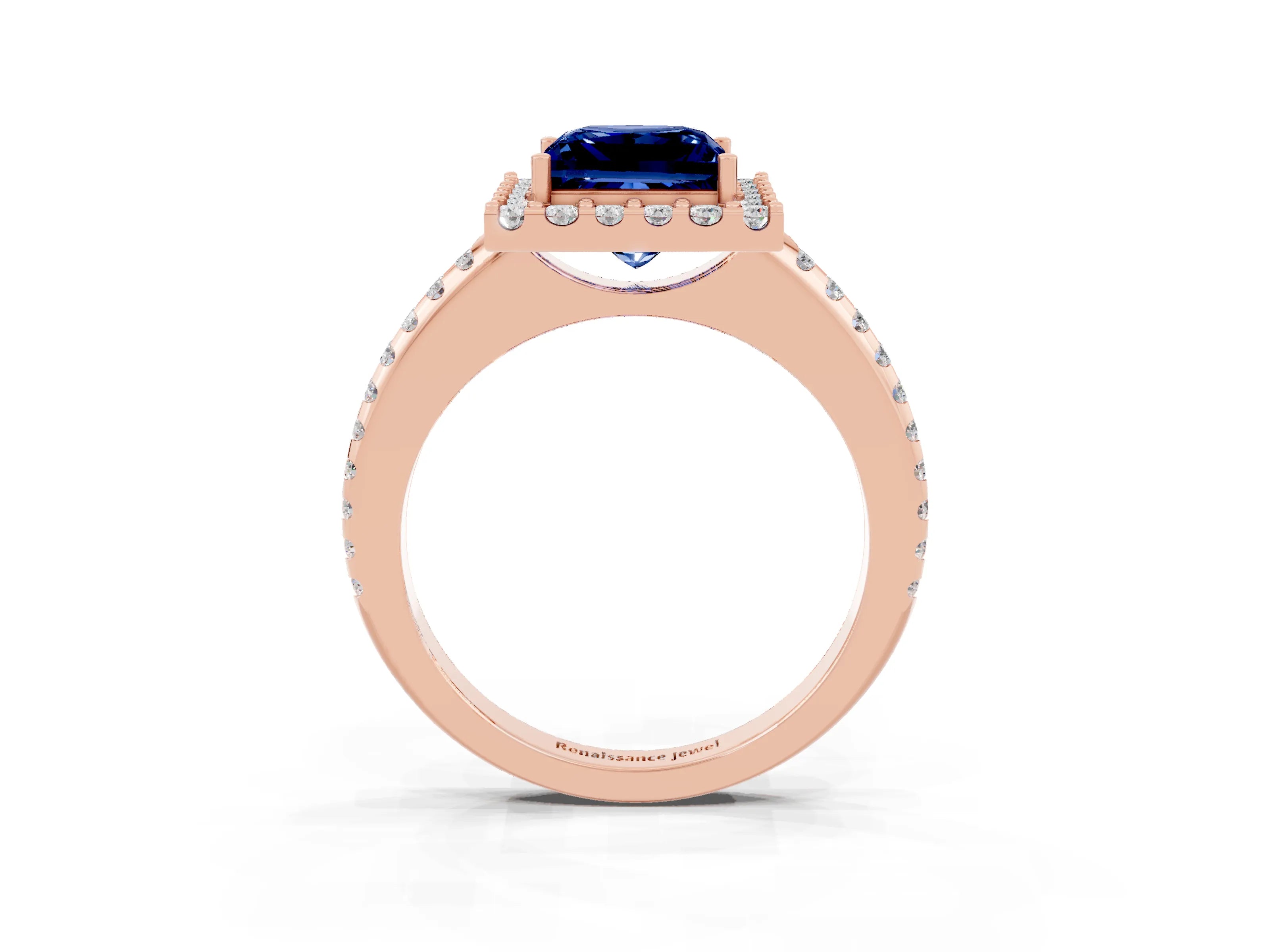 Rose gold Princess Cut Blue Sapphire Pavé Halo Ring with Four-Prong Setting_15