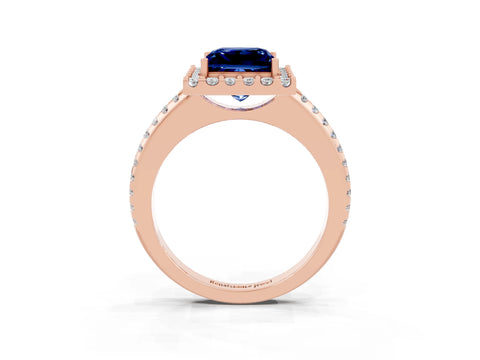 Rose gold Princess Cut Blue Sapphire Pavé Halo Ring with Four-Prong Setting_15