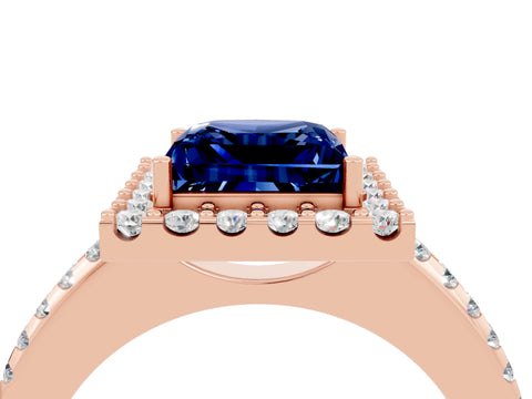Rose gold Princess Cut Blue Sapphire Pavé Halo Ring with Four-Prong Setting_16