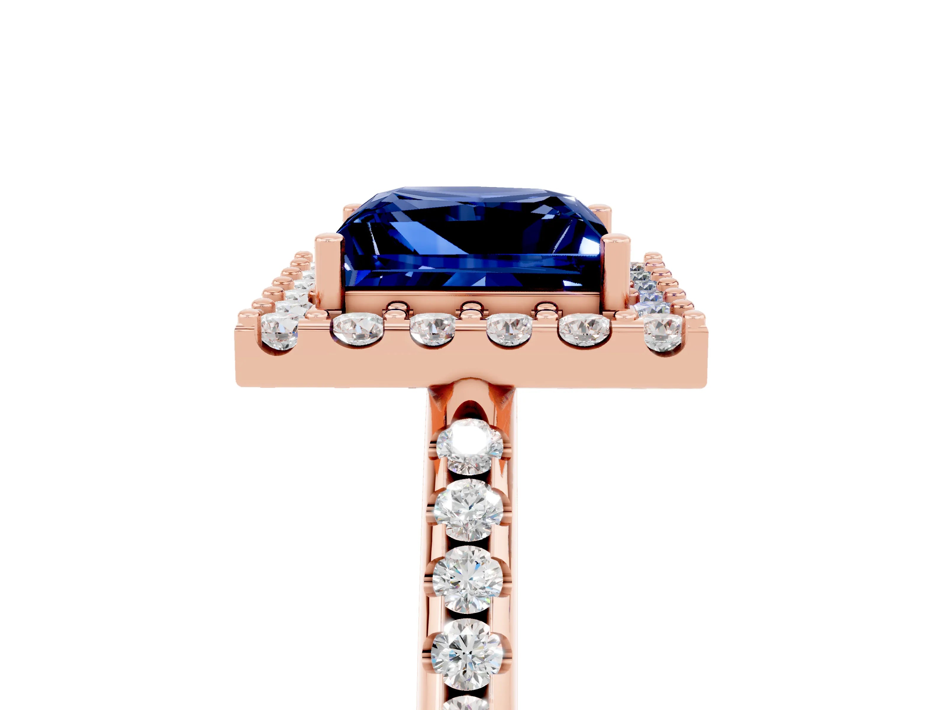 Rose gold Princess Cut Blue Sapphire Pavé Halo Ring with Four-Prong Setting_17