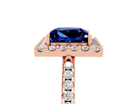 Rose gold Princess Cut Blue Sapphire Pavé Halo Ring with Four-Prong Setting_17