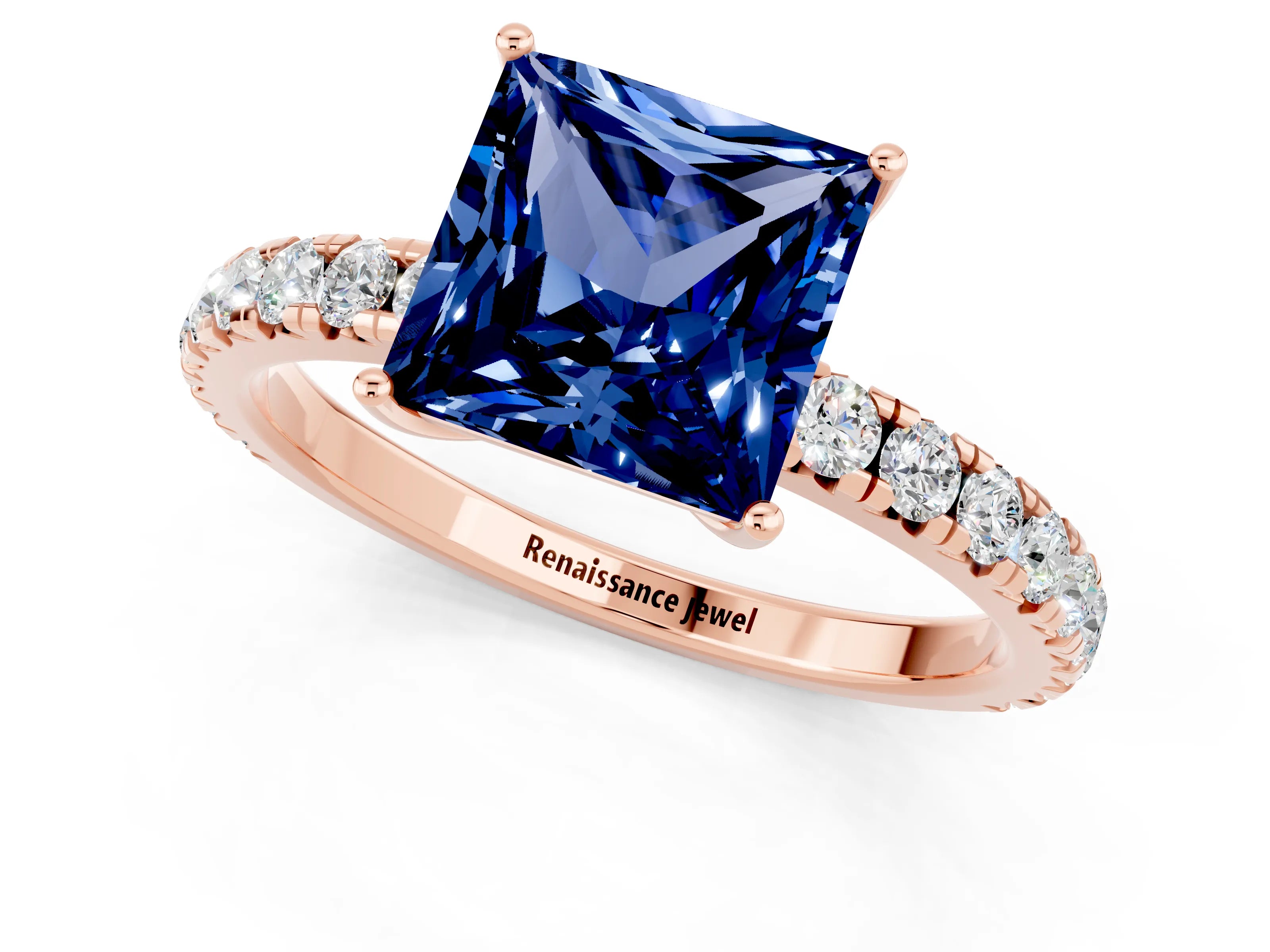 Rose gold Princess Cut Blue Sapphire Pavé Solitaire Engagement Ring with Four-Prong Setting_13