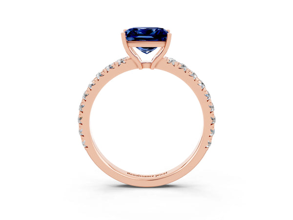 Rose gold Princess Cut Blue Sapphire Pavé Solitaire Engagement Ring with Four-Prong Setting