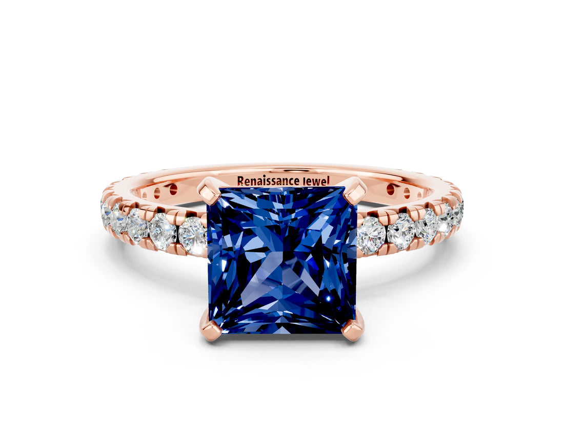 Rose gold Princess Cut Blue Sapphire Pavé Solitaire Ring with Round Band and Prong Setting_24