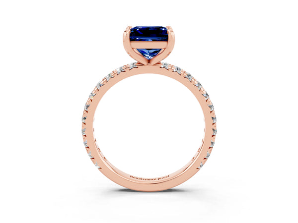 Rose Gold Princess Cut Lab-Grown Blue Sapphire Solitaire Engagement Ring with Shared Prong Pave Band