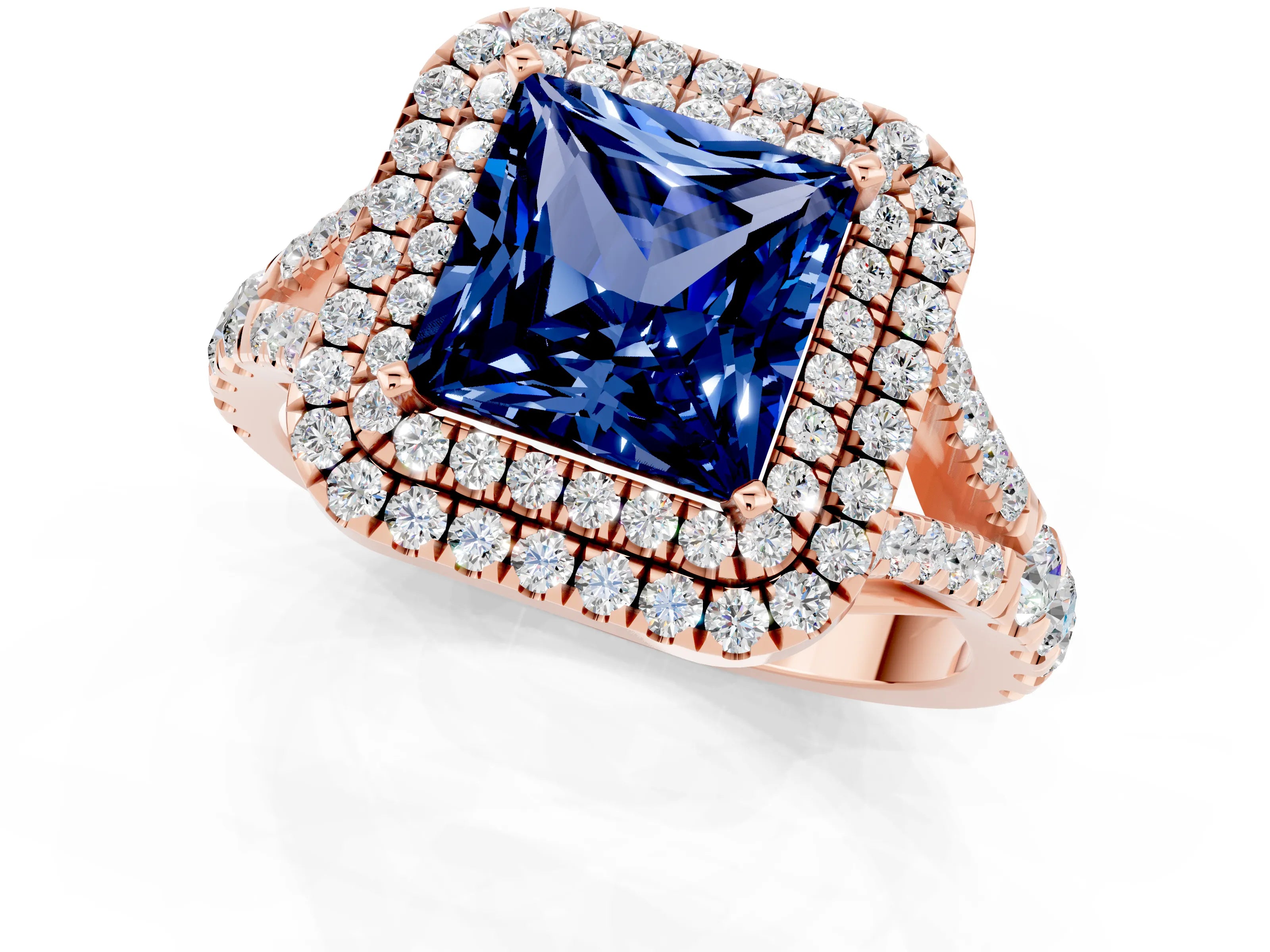 Rose gold Princess Cut Blue Sapphire Pavé Split Shank Double Halo Engagement Ring_1