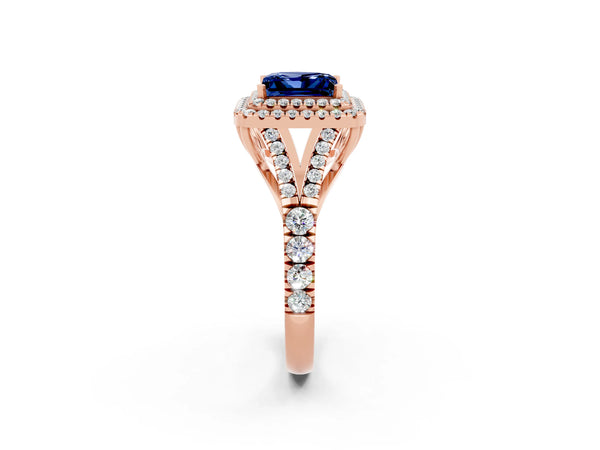 Rose gold Princess Cut Blue Sapphire Pavé Split Shank Double Halo Engagement Ring