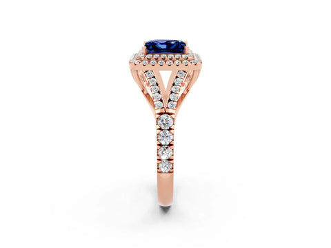 Rose gold Princess Cut Blue Sapphire Pavé Split Shank Double Halo Engagement Ring_2