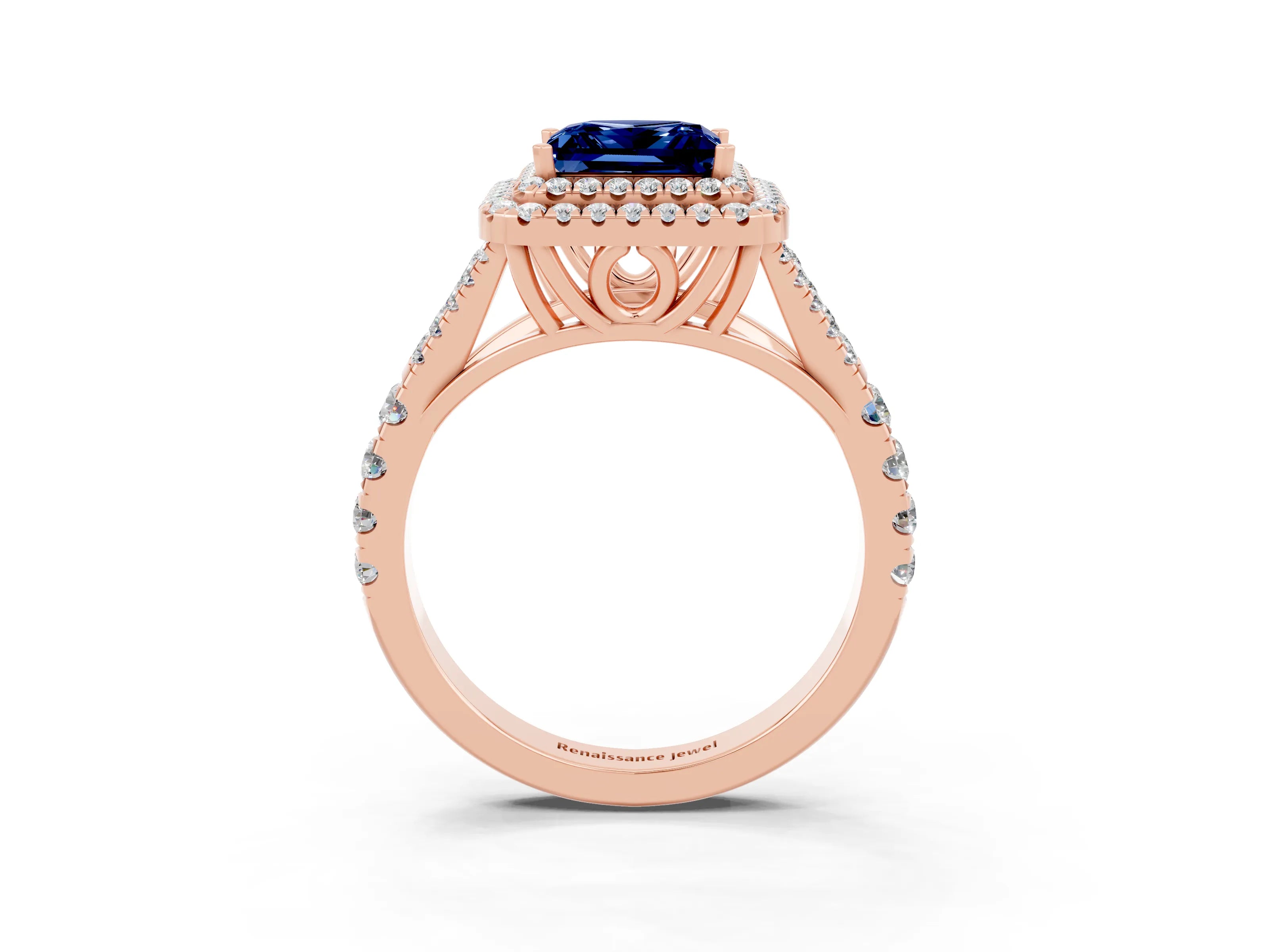 Rose gold Princess Cut Blue Sapphire Pavé Split Shank Double Halo Engagement Ring_3
