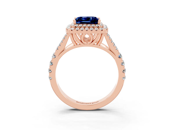 Rose gold Princess Cut Blue Sapphire Pavé Split Shank Double Halo Engagement Ring