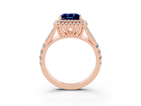 Rose gold Princess Cut Blue Sapphire Pavé Split Shank Double Halo Engagement Ring_3